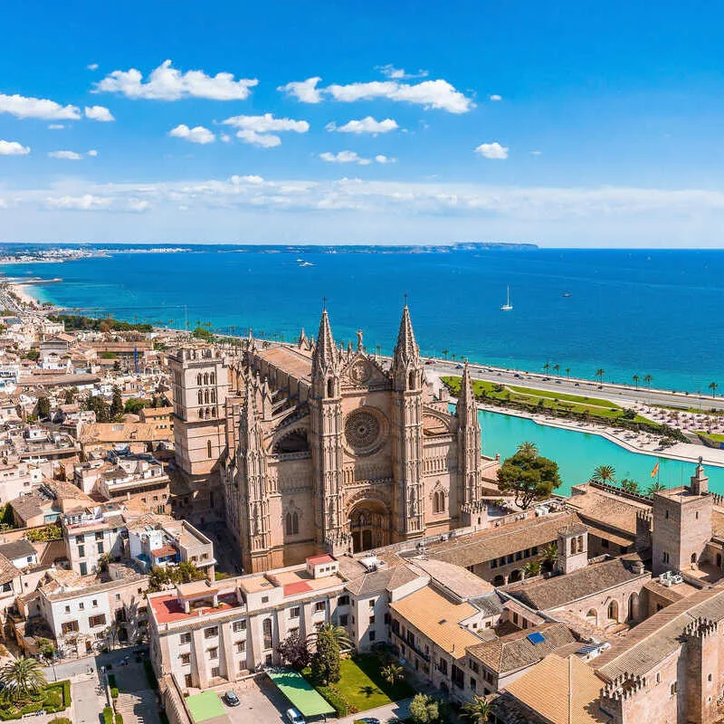 Aerial View Of La Seu, The Gothic Cathedral Of Palma de Mallorca, Capital Of Mallorca, A Balearic Island In Spain Bounded By The Azure Mediterranean Sea, Southern Europe