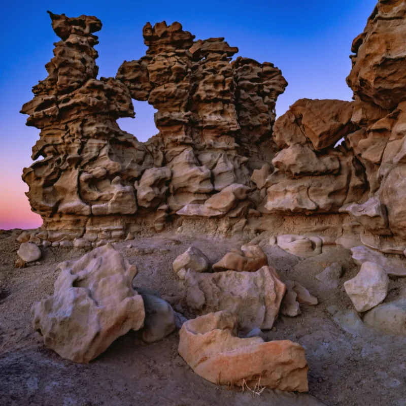 Sunset on the unique quartzose and gilsonite formations of Fantasy Canyon, a tiny geological wonder made of wind and water erosion located near Vernal in northeastern Utah, United States.