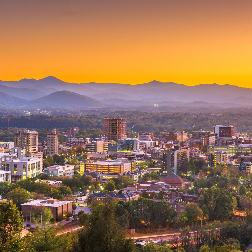 The city of Asheville at sunset