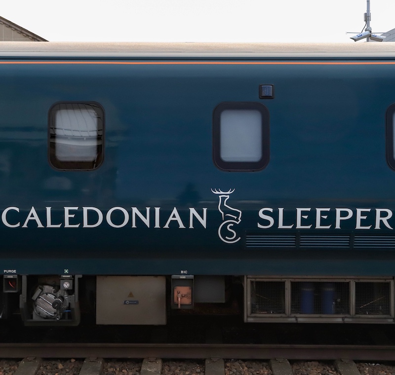 Caledonian Sleeper logo on carriage in Inverness, Scotland