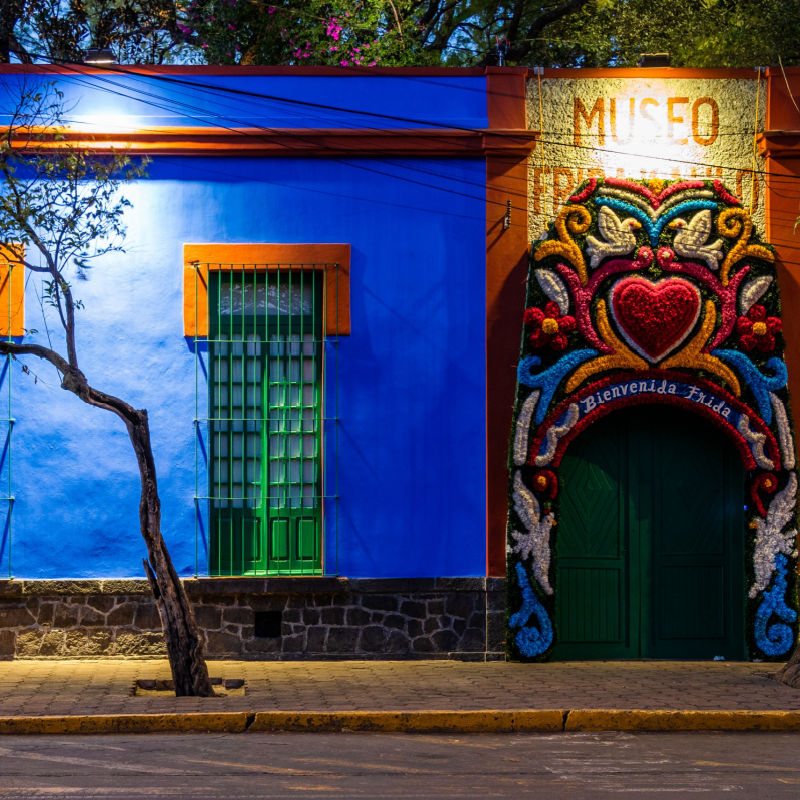 The exterior of the Frida Kahlo Museum in Mexico City