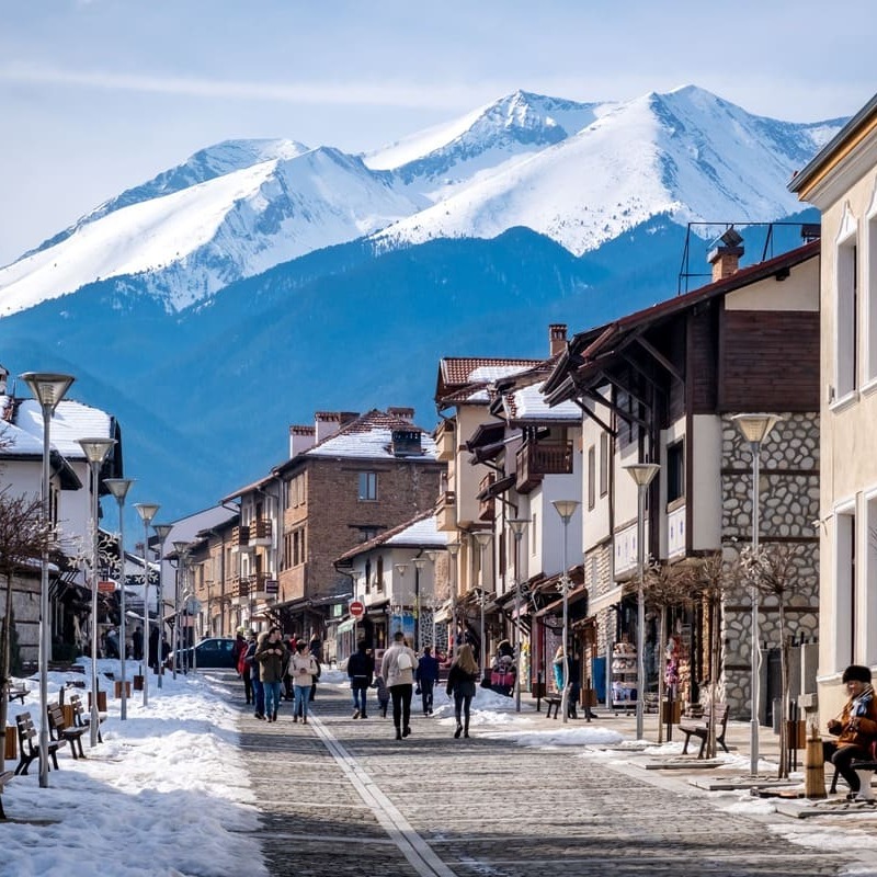 Main Street In Bansko, An Alpine Bulgarian Town At The Foot Of The Pirin Mountains, Bulgaria, Eastern Europe