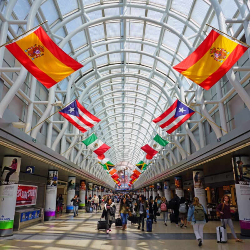 View of the Hall of Flags in Terminal 3 from American Airlines (AA) at Chicago O'Hare International Airport