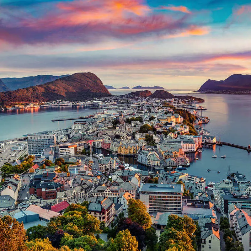 Aerial View Of Alesund, A Historical Town In Norway, Scandinavia, Northern Europe