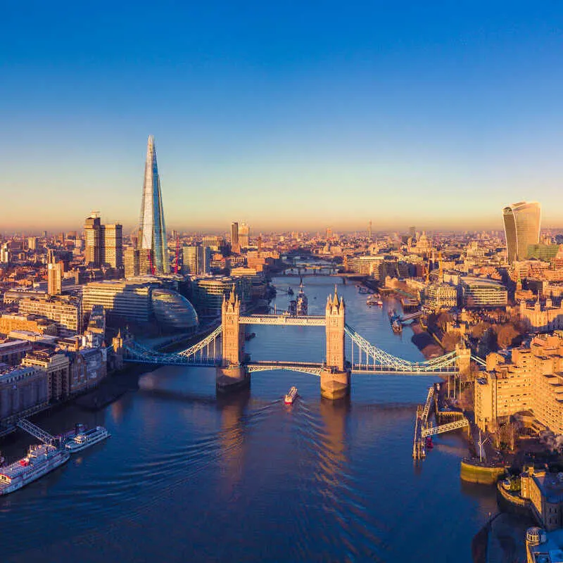 Aerial View Of London With Tower Bridge, The Shard, And The Tower Of London Depicted, England, United Kingdom