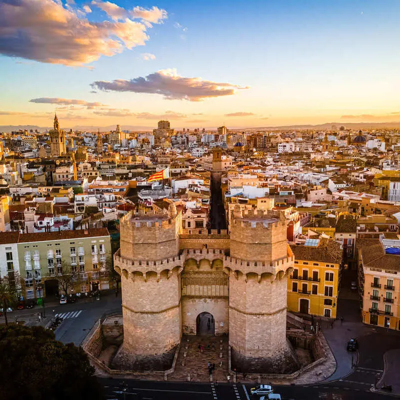 Aerial View Of The Historic Port Of Valencia And Its Old Town During Sunset, Spain, Iberian Peninsula Of Europe