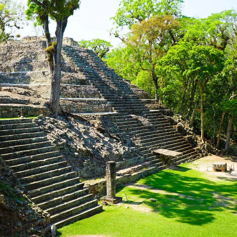 Ancient Mayan Pyramid In Copan, An Archaeological Zone In Honduras, Central America