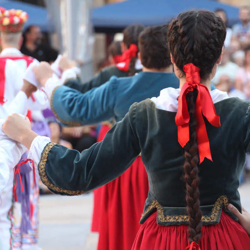 Basque Dancers Performing At A Folk Festival Dressed In Traditional Basque Attire, Basque Country, Northern Spain, Southern Europe