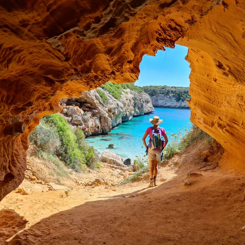 a view of a person looking at blue water at Cala des Moro. Mallorca