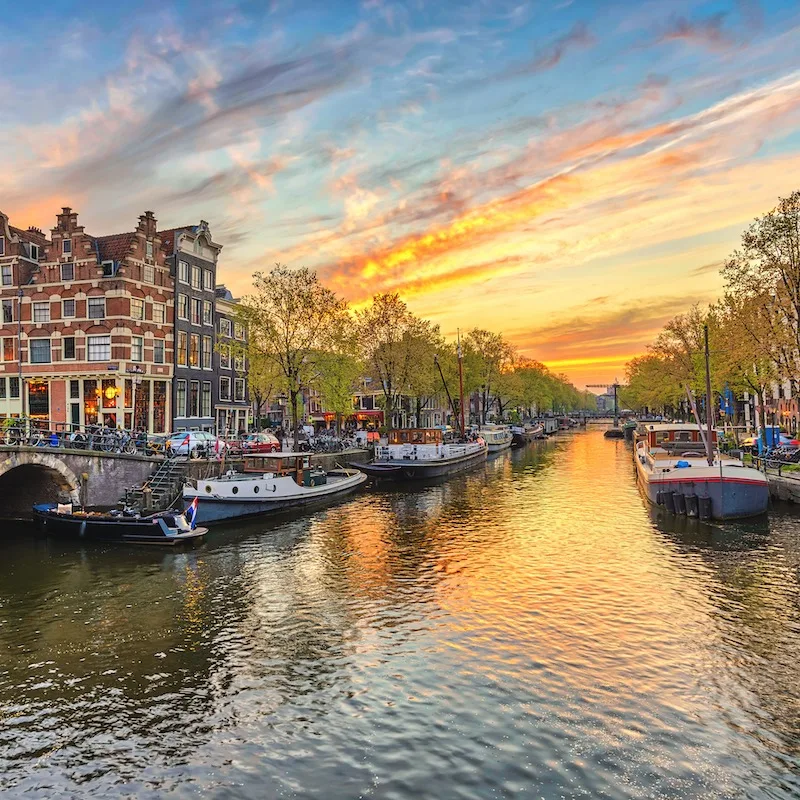 Amsterdam canal at sunset, the Netherlands, Europe
