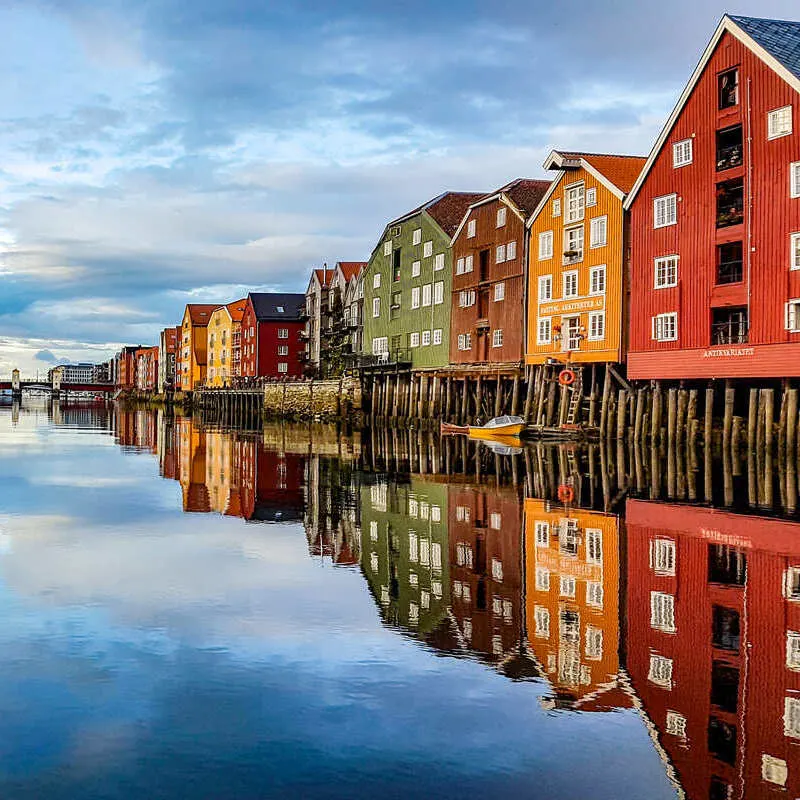 Colorful Houses Lining The Harbor Of Trondheim, A City In Norway, Scandinavia, Northern Europe