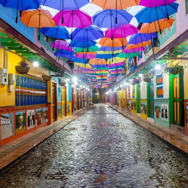 colorful street in guatape colombia
