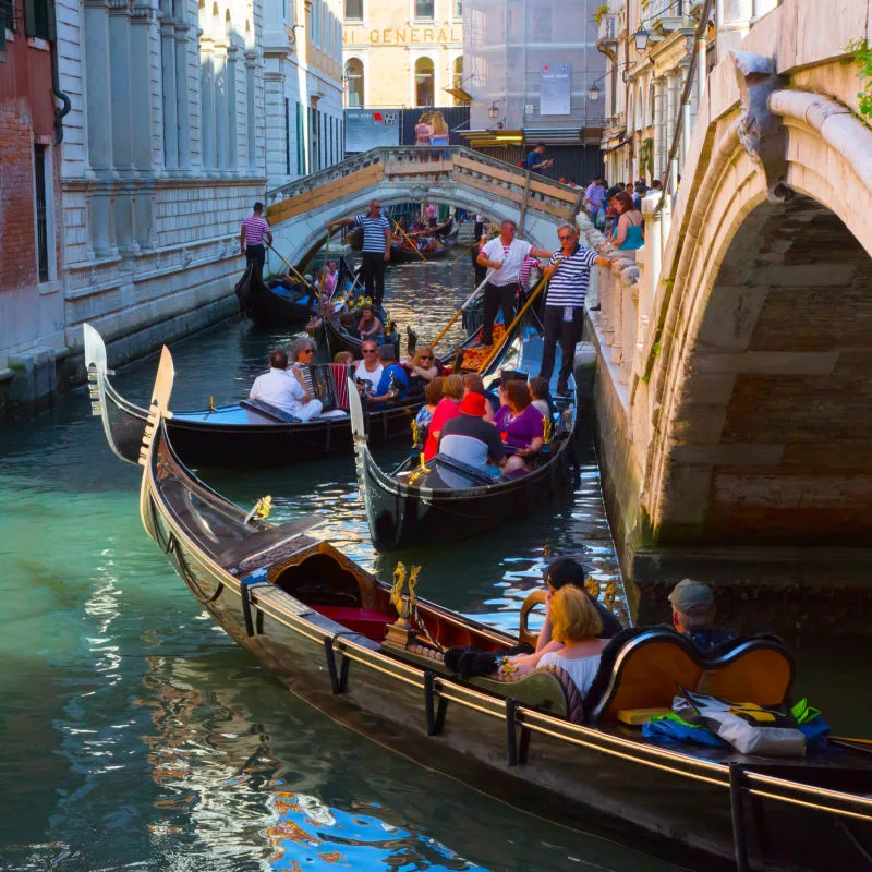 Crowded gondolas on the Venice canals