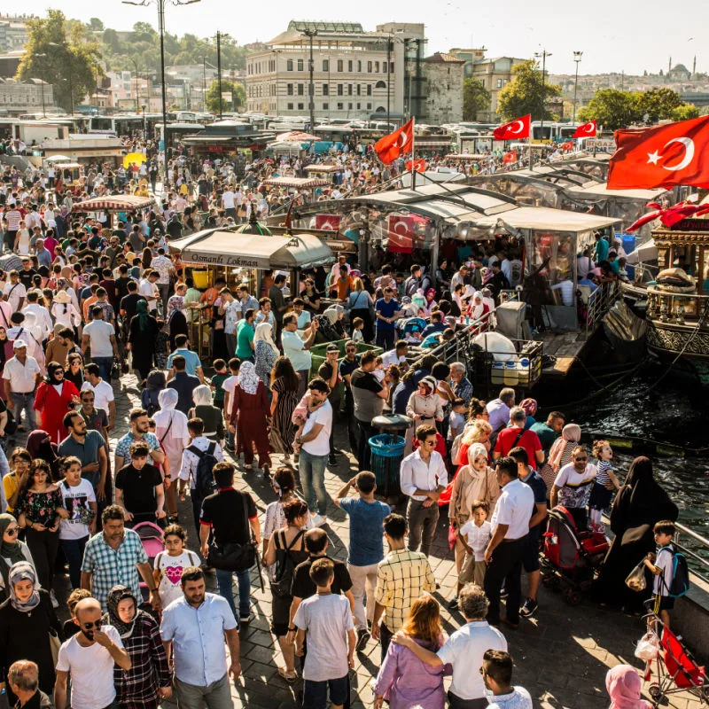 Crowded lots of tourists in Eminonu Istanbul Turkey