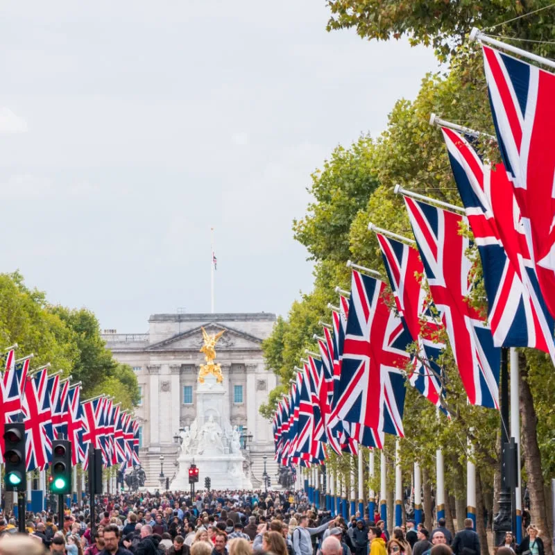 Crowds at Buckingham Palace, London, England