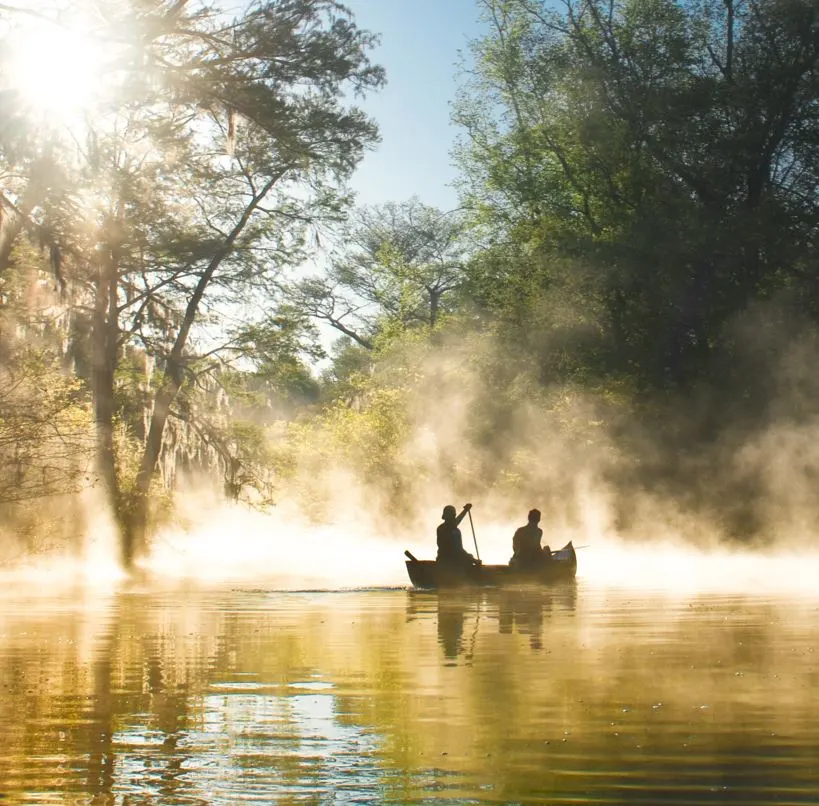 canoers paddle through the mangroves of Everglade National Park in Florida as mist rises from the water