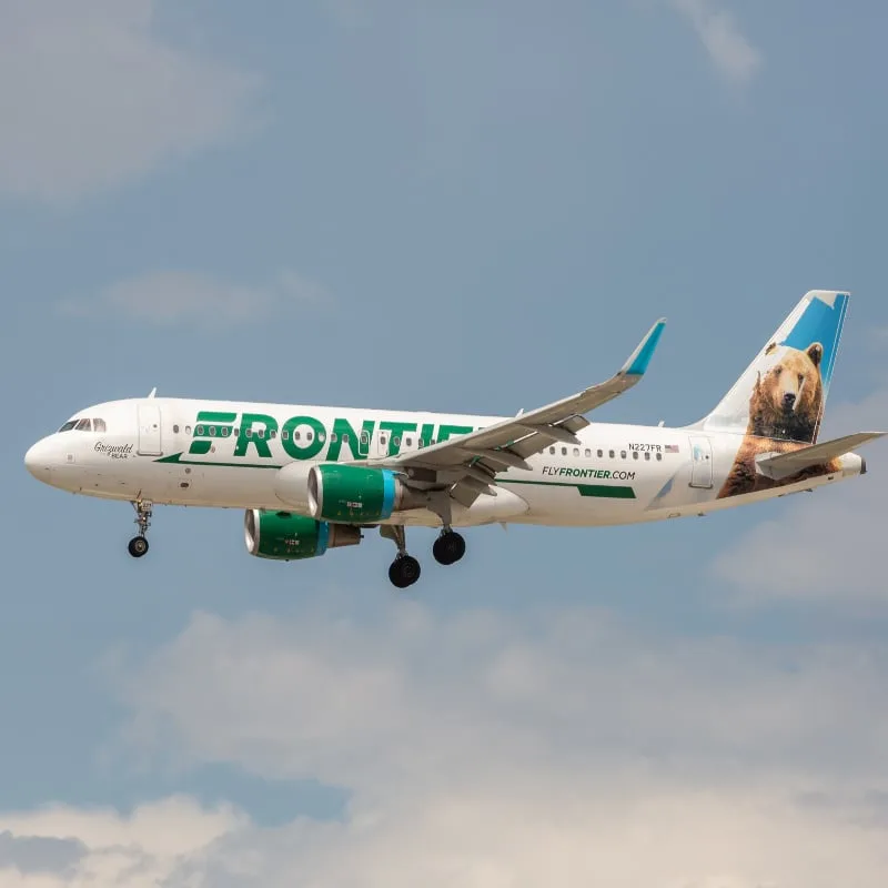 Frontier Airlines Airbus A320 with the Grizwald the bear livery approaching O'Hare International Airport