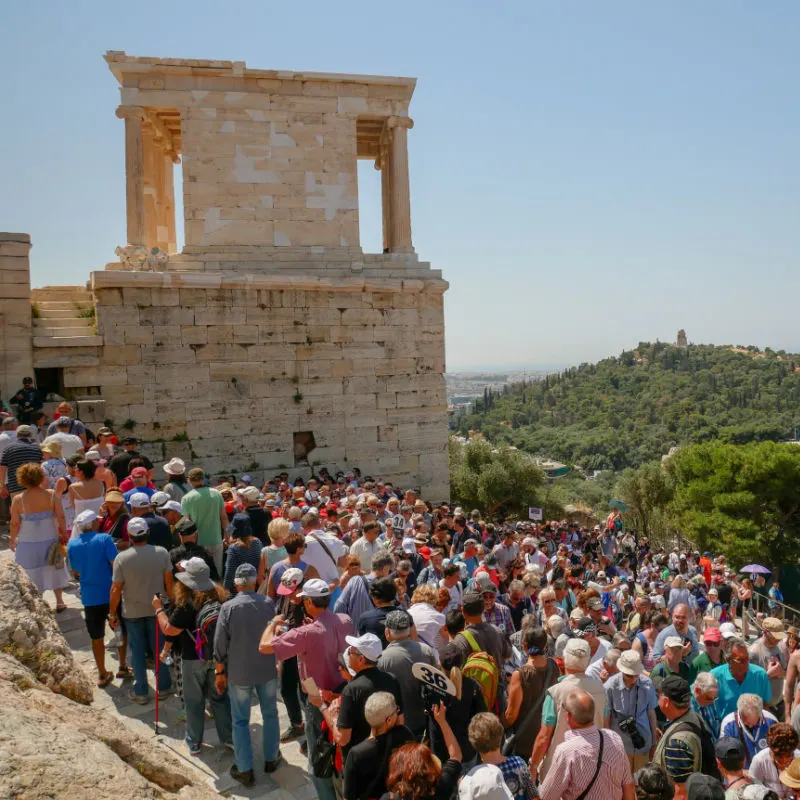Huge crowd of tourists at the Acropolis in Greece