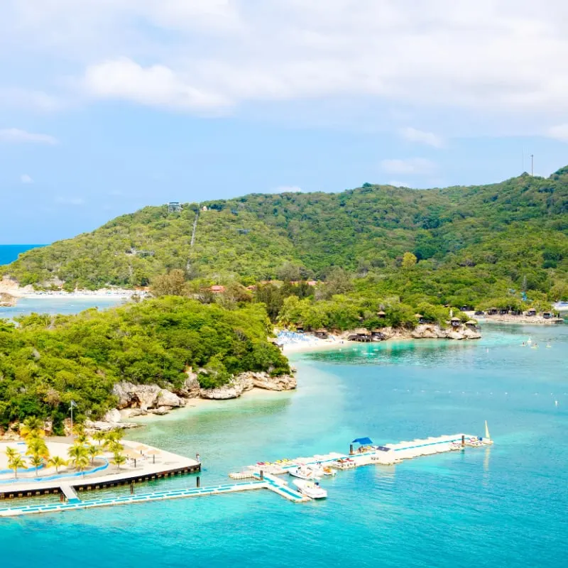 An overhead view of the beach and ocean at Labadee resort Haiti. 