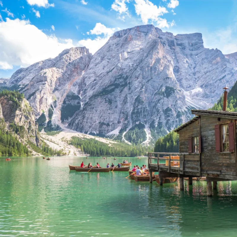 Lake Braies (also known as Pragser Wildsee or Lago di Braies) in Dolomites Mountains, Sudtirol, Italy
