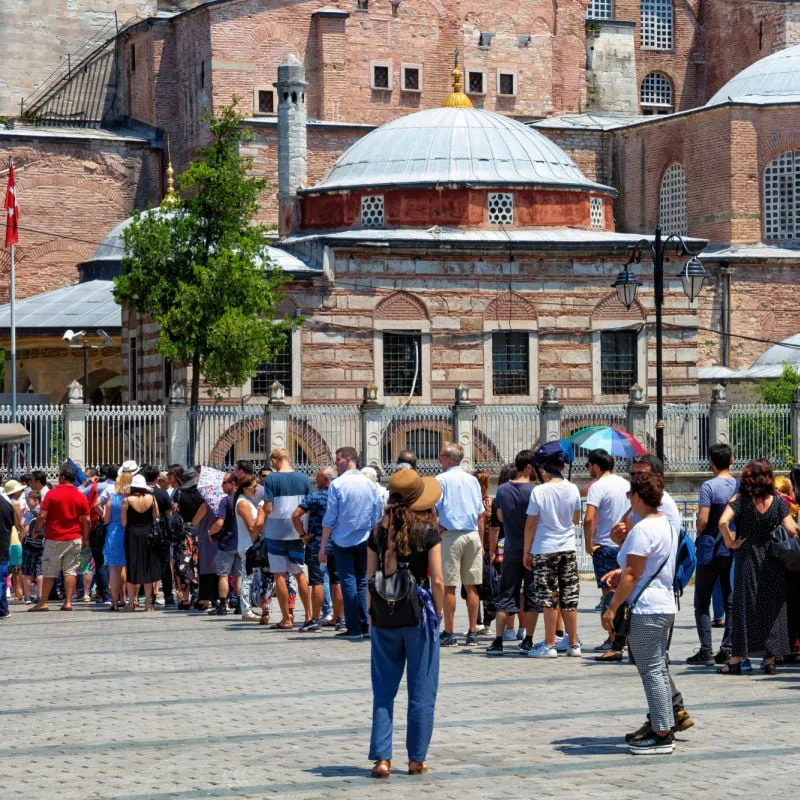 Long lines and tourist crowds at Hagia Sophia in Istanbul, Turkey summertime