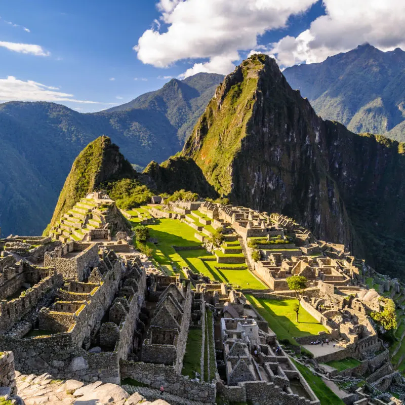 A stunning photo of Peru's most popular attaction, Machu Picchu, a 15th century stone citadel perched on the top of a mountain.