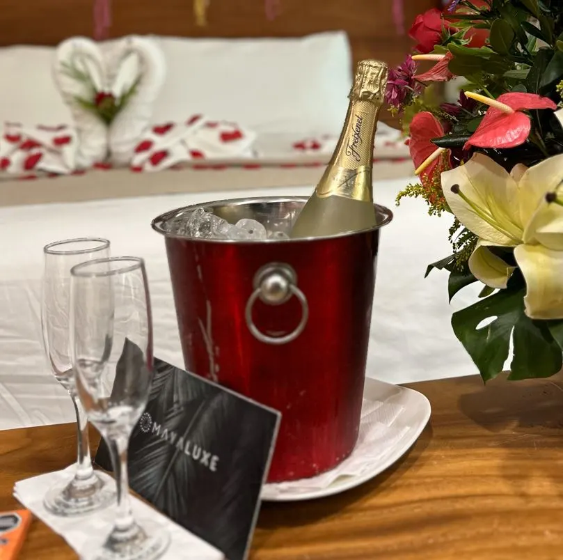 Maya Luxe card in front of bucket of champagne with flowers in front of bed