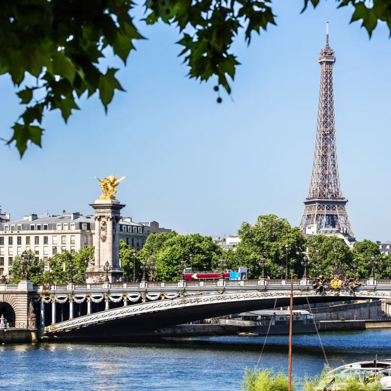Panorama of the Pont Alexandre III bridge over the River Seine and the Eiffel Tower. 