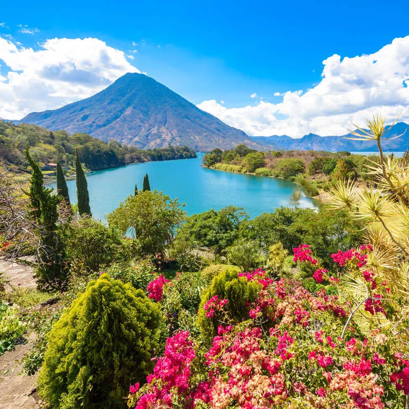 Panoramic View Of The Volcanic Lake Atitlan In Guatemala, Central America