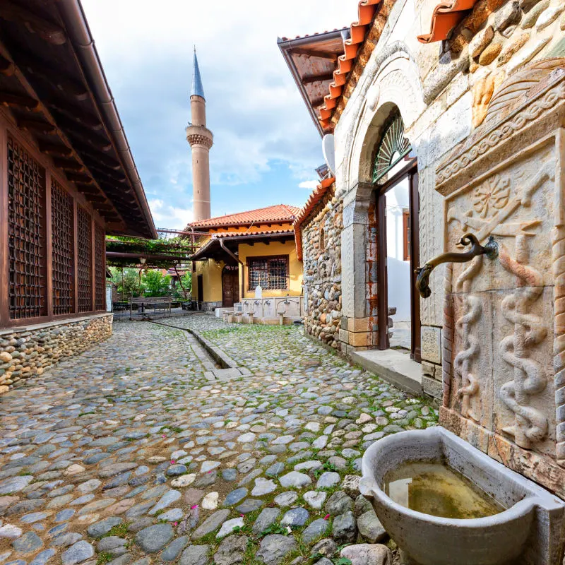 Prizren Kosovo Empty Cobblestone Street with Fountain