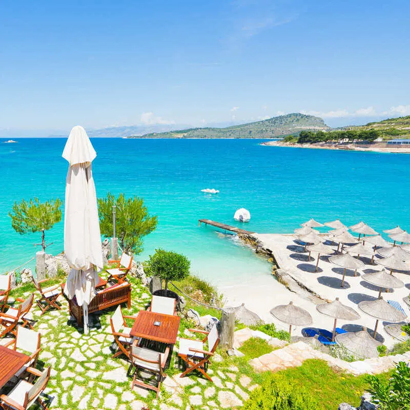 Quiet Beach Club In Ksamil Beach, Albanian Riviera, On The Ionian Sea, Mediterranean Europe, Albania, Western Balkans