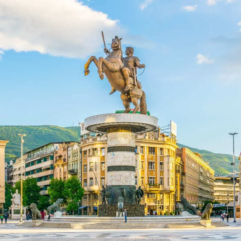 Statue Of Alexander The Great In A Central Square In Skopje, North Macedonia, Balkan Peninsula, South Eastern Europe
