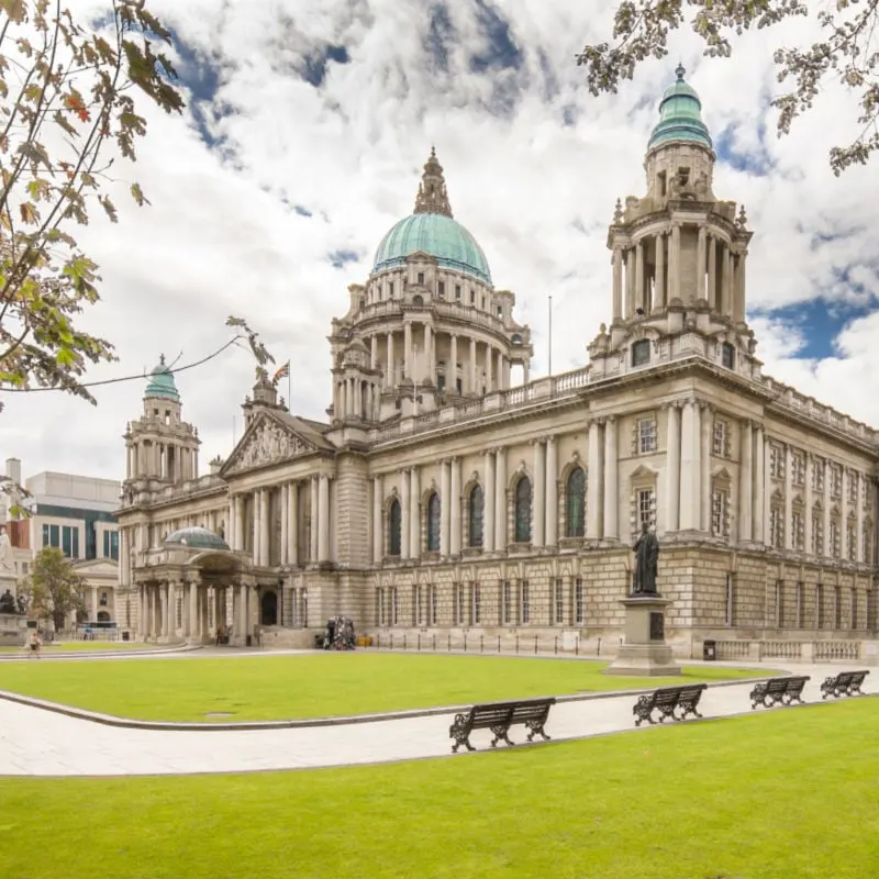 The classic Belfast city hall building with columns and cupolas on Donegall square, the headquarters of city council