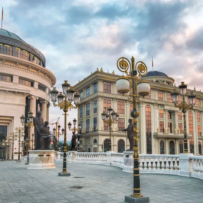 Empty streets and historical attractions in Skopje, North Macedonia