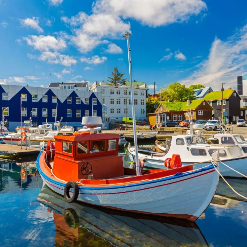 A colorful boat in Torshavn marina in Denmark. 