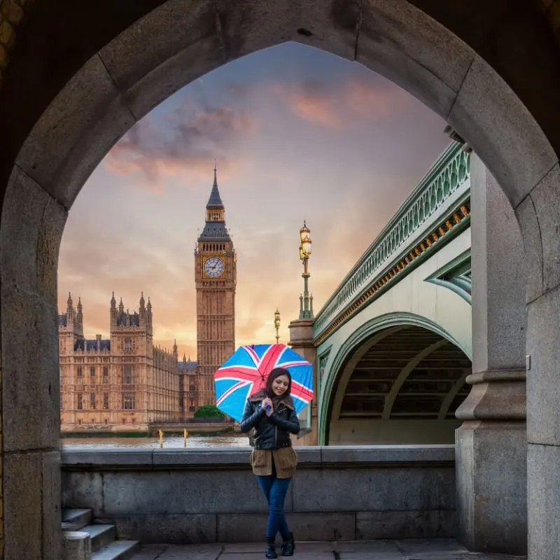 a person in London stands with a UK flag umbrella