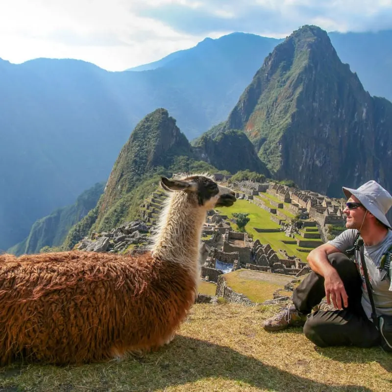 Traveler sitting with a llama overlooking Machu Picchu, Peru. 