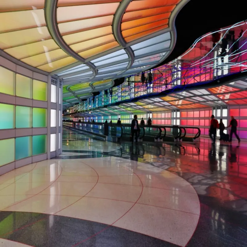 View of the colored electric neon tunnel The Sky Is the Limit at Chicago O'Hare International Airport