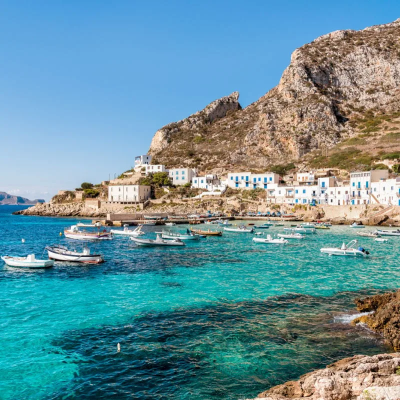 View of the Levanzo island, smallest of the Aegadian Islands in the Mediterranean Sea in Sicily, province of Trapany, Italy