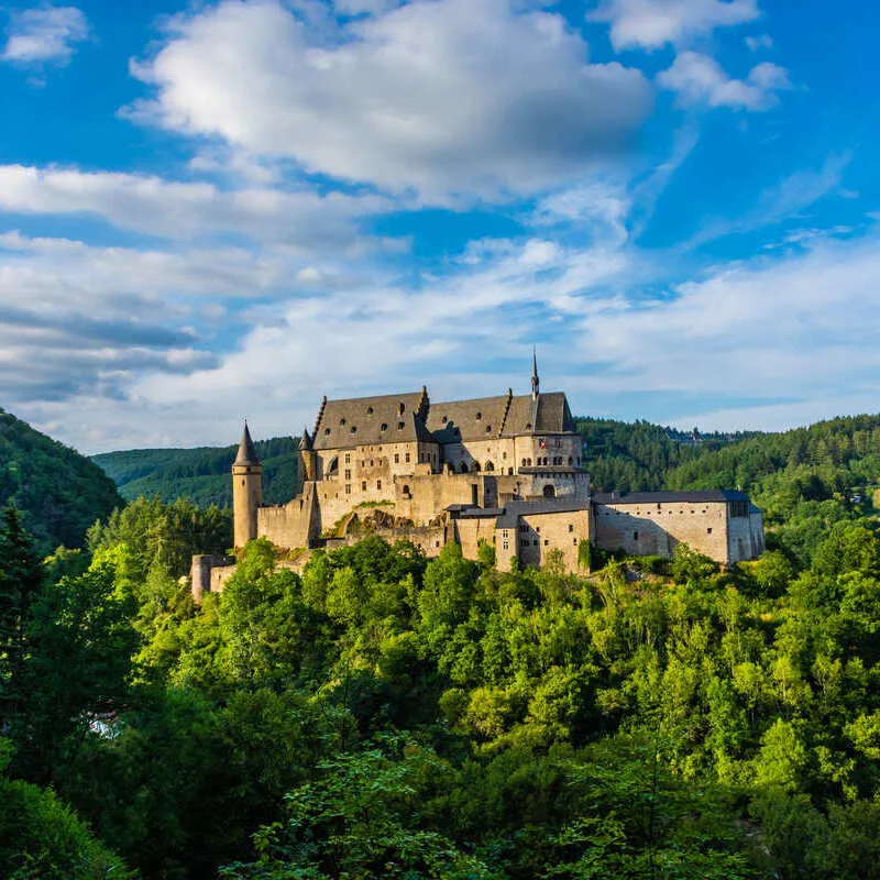View Of Vianden Castle, In The Small Town Of Vianden, Luxembourg, Western Europe