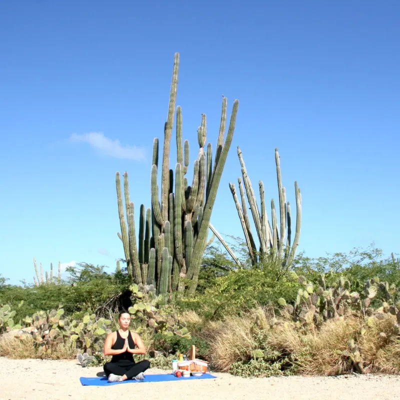 Woman meditating in the desert of Aruba
