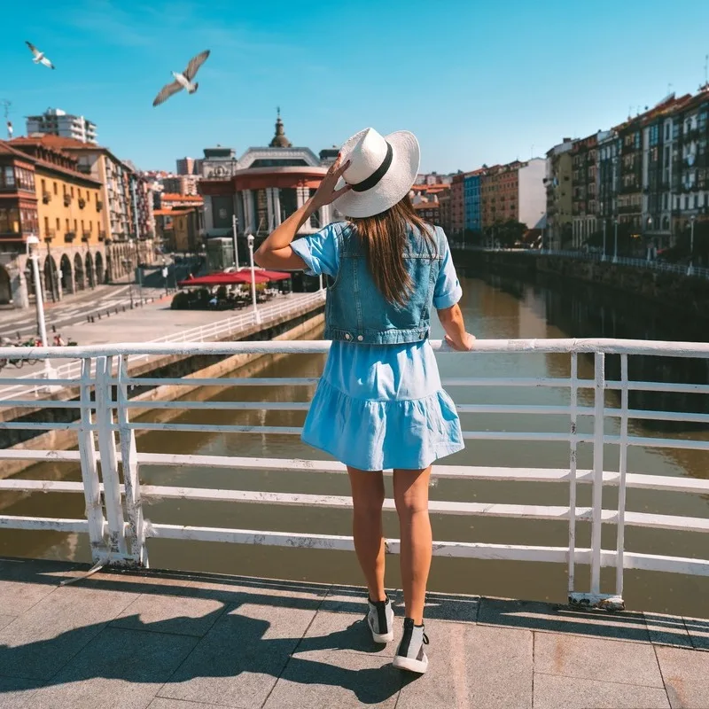 Young Female Tourist In Bilbao, Basque Country, Northern Spain